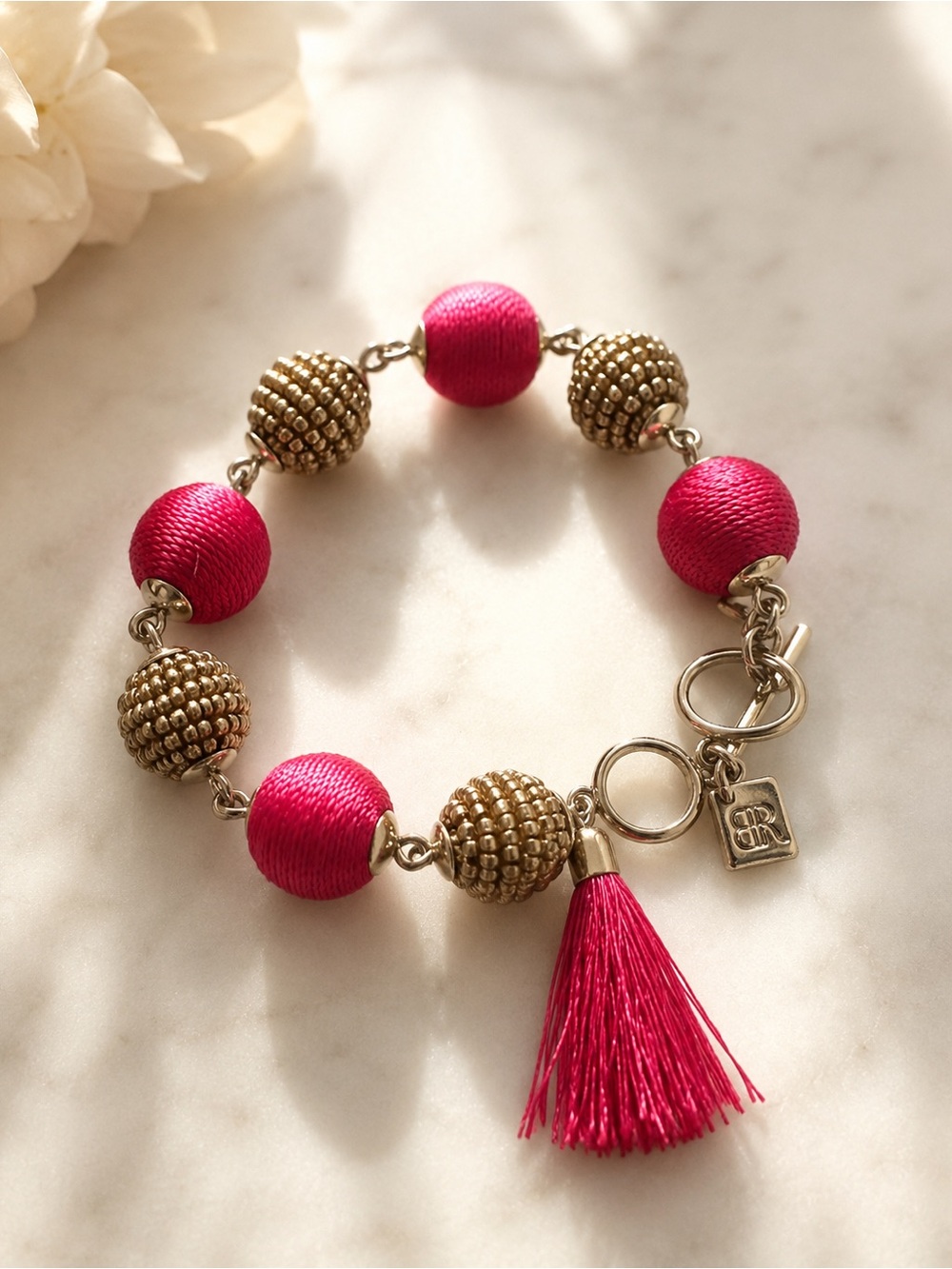 Banana Republic Pink Satin Bead Tassel Bracelet Gold Tone Toggle